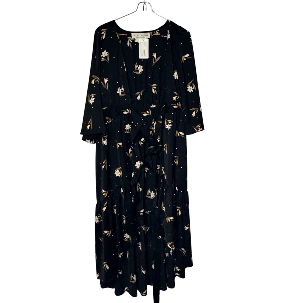 Saltwater Luxe Womens Floral Wrap Dress Black Flared Sleeve F20 Midi XS NWT